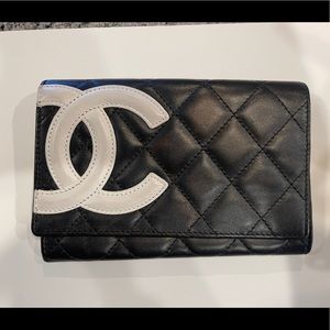 Vintage Chanel Black Sheepskin Leather Wallet w/ White CC
